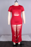 Red Sexy Solid Ripped O Neck Straight Plus Size Dresses