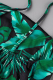 Green Sexy Print Patchwork Slit Spaghetti Strap Sling Dress Dresses