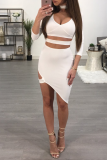White Sexy Solid Hollowed Out Halter Irregular Dress Dresses