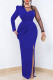 Royal Blue Casual Solid Patchwork See-through Slit O Neck Long Sleeve Dresses