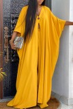 Yellow Casual Solid Patchwork V Neck Three Quarter Two Pieces