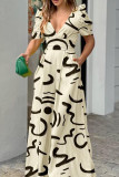 Blue Casual Print Patchwork V Neck Regular Jumpsuits