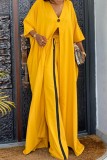 Yellow Casual Solid Patchwork V Neck Three Quarter Two Pieces