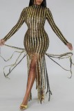 Blue Sexy Patchwork Tassel Sequins See-through Half A Turtleneck Long Sleeve Dresses