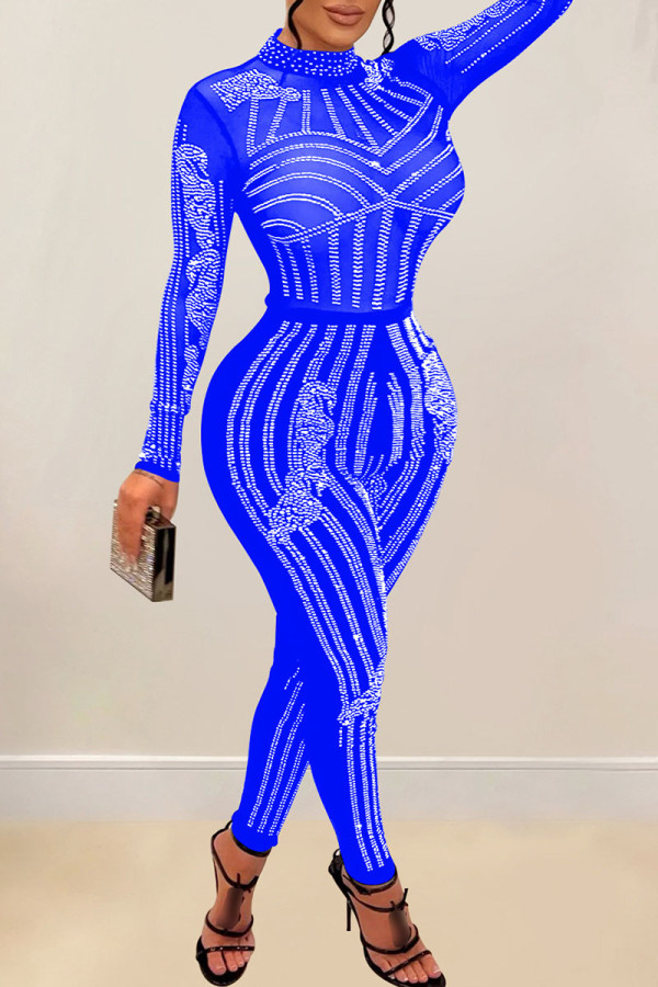 Blue Sexy Patchwork Hot Drilling See-through Half A Turtleneck Skinny Jumpsuits