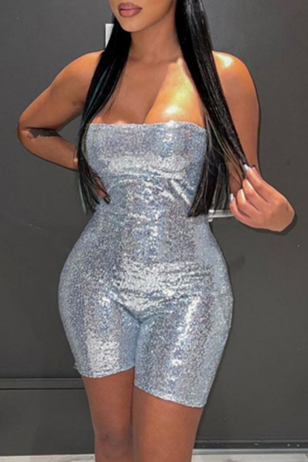 Silver Sexy Patchwork Sequins Backless Strapless Skinny Romper