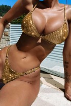 Gold Sexy Solid Patchwork Backless Swimwears (With Paddings)