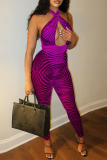 Purple Sexy Print Patchwork Halter Skinny Jumpsuits