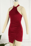 Red Sexy Solid Patchwork Asymmetrical Halter Irregular Dress Dresses