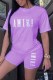 Purple Casual Print Letter O Neck Short Sleeve Two Pieces