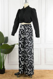 White Casual Print Patchwork Turndown Collar Long Sleeve Two Pieces