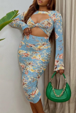 Blue Sexy Print Hollowed Out O Neck Long Sleeve Dresses