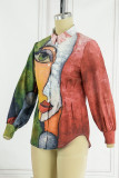 Red Green Casual Street Print Patchwork Buckle Turndown Collar Tops