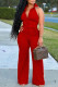 Red Elegant Solid Patchwork Buckle With Belt Turndown Collar Straight Jumpsuits