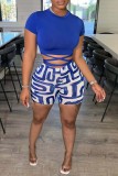 Blue Casual Print Bandage O Neck Short Sleeve Two Pieces