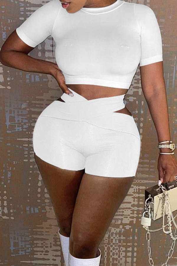 White Sexy Solid Patchwork Asymmetrical O Neck Short Sleeve Two Pieces