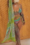 Green Sexy Print Bandage Backless Swimsuit Three Piece Set
