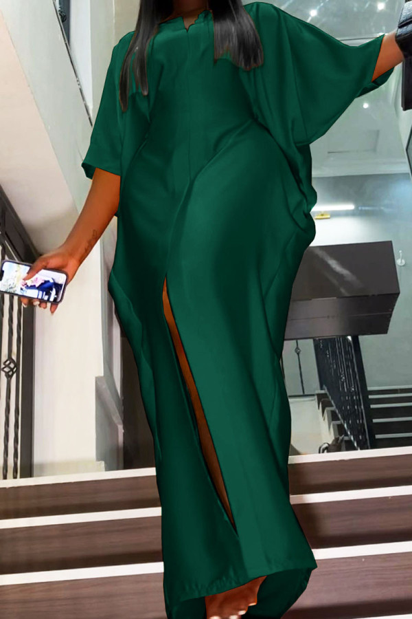 Green Elegant Solid Patchwork Slit O Neck Evening Dress Dresses