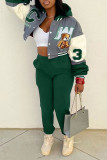 Ink Green Casual Street Print Patchwork Buckle Hooded Collar Long Sleeve Two Pieces