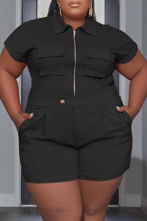 Black Casual Solid Patchwork Turndown Collar Plus Size Two Pieces