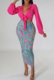 Rose Red Sexy Casual Print Bandage Turndown Collar Long Sleeve Two Pieces
