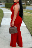 Red Elegant Solid Patchwork Buckle With Belt Turndown Collar Straight Jumpsuits