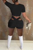 Red Sexy Solid Patchwork Asymmetrical O Neck Short Sleeve Two Pieces