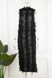 Black Sexy Solid Tassel Hollowed Out Patchwork Half A Turtleneck One Step Skirt Dresses