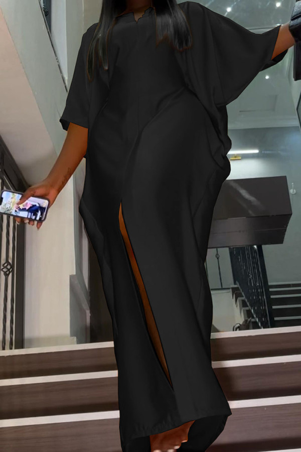 Black Elegant Solid Patchwork Slit O Neck Evening Dress Dresses