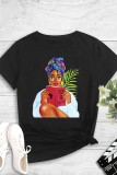 Black Casual Print Basic O Neck T-Shirts