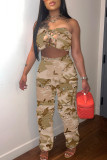 Camouflage Sexy Solid Hollowed Out Patchwork Pocket Strapless Sleeveless Two Pieces