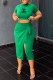 Green Elegant Print Slit Letter Off the Shoulder Short Sleeve Two Pieces