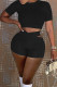 Black Sexy Solid Patchwork Asymmetrical O Neck Short Sleeve Two Pieces