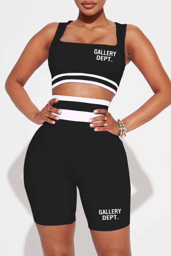 Black Street Print Letter Square Collar Sleeveless Two Pieces