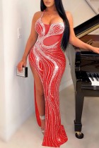 Red Sexy Patchwork Hot Drilling See-through Backless Slit Spaghetti Strap Long Dress Dresses
