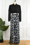 White Casual Print Patchwork Turndown Collar Long Sleeve Two Pieces