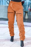 Orange Casual Solid Patchwork Fold Regular High Waist Conventional Solid Color Trousers