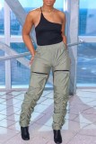 Orange Casual Solid Patchwork Fold Regular High Waist Conventional Solid Color Trousers