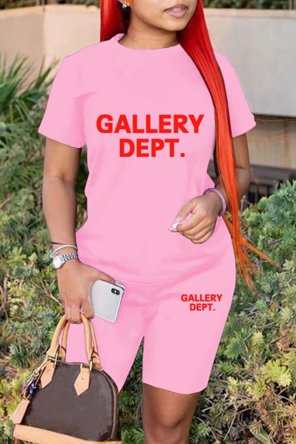 Pink Casual Letter Print Basic O Neck Short Sleeve Two Pieces