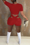 Red Sexy Solid Patchwork Asymmetrical O Neck Short Sleeve Two Pieces