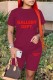 Burgundy Casual Letter Print Basic O Neck Short Sleeve Two Pieces