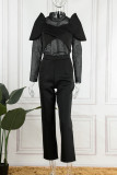 Black Street Solid Patchwork See-through O Neck Long Sleeve Two Pieces