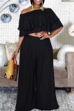 Black Casual Solid Patchwork Off the Shoulder Half Sleeve Two Pieces
