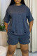 Gray Blue Casual Solid Patchwork O Neck Short Sleeve Two Pieces