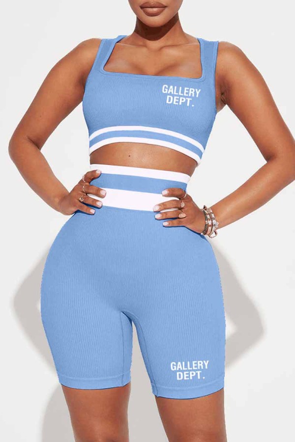 Blue Street Print Letter Square Collar Sleeveless Two Pieces
