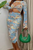 Blue Sexy Print Hollowed Out O Neck Long Sleeve Dresses