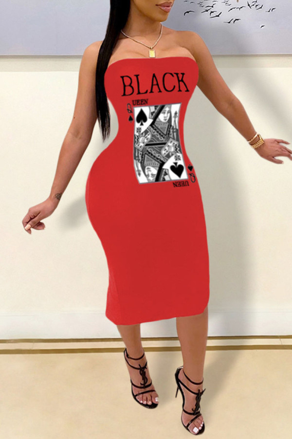 Red Sexy Print Patchwork Strapless Printed Dress Dresses