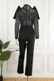 Black Street Solid Patchwork See-through O Neck Long Sleeve Two Pieces