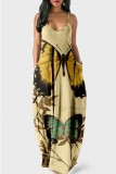 Light Apricot Sexy Casual Butterfly Print Backless Spaghetti Strap Long Dress Dresses