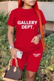 Red Casual Letter Print Basic O Neck Short Sleeve Two Pieces